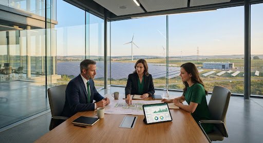 Energy advisors discussing renewable infrastructure in a glass-walled meeting room