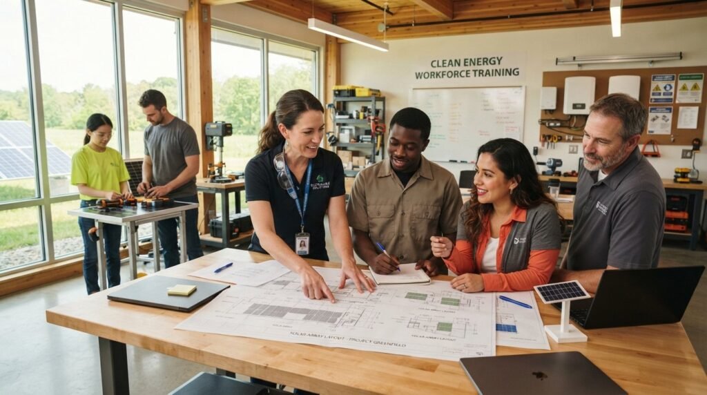 Professionals collaborating during a clean-energy workforce training workshop